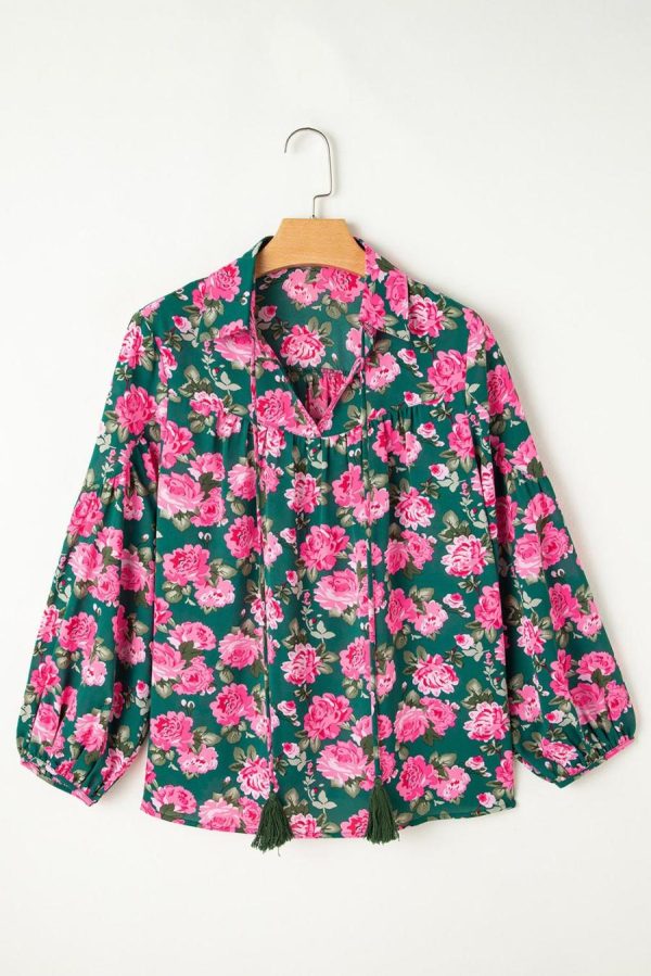 Blouses | Green Floral Print Collared Puff Sleeve Blouse - Women - Image 2