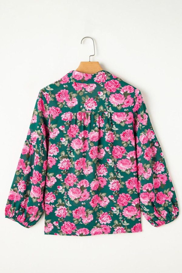 Blouses | Green Floral Print Collared Puff Sleeve Blouse - Women - Image 3
