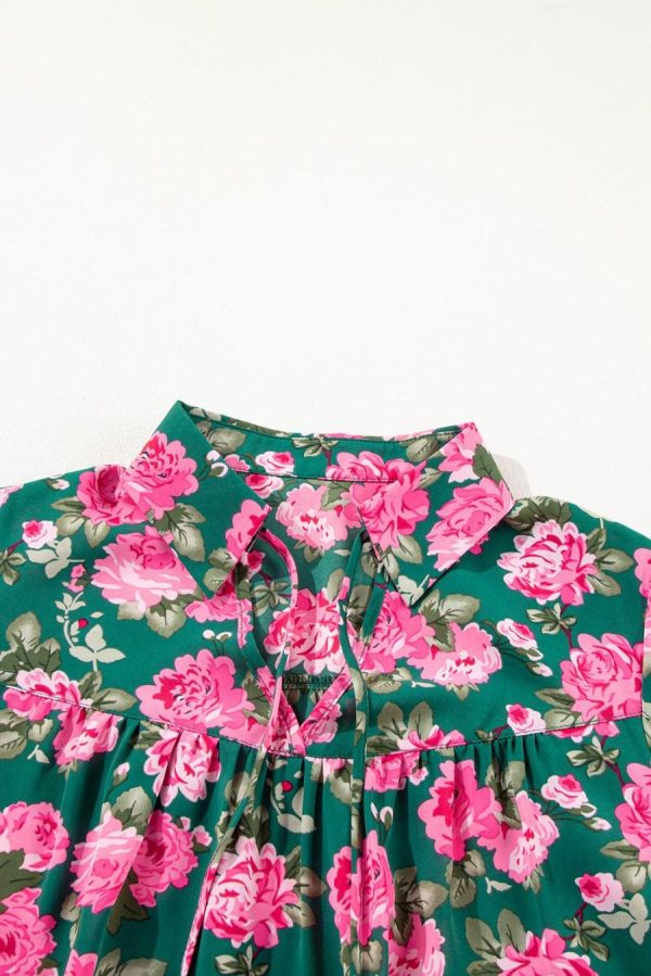 Blouses | Green Floral Print Collared Puff Sleeve Blouse - Women - Image 4