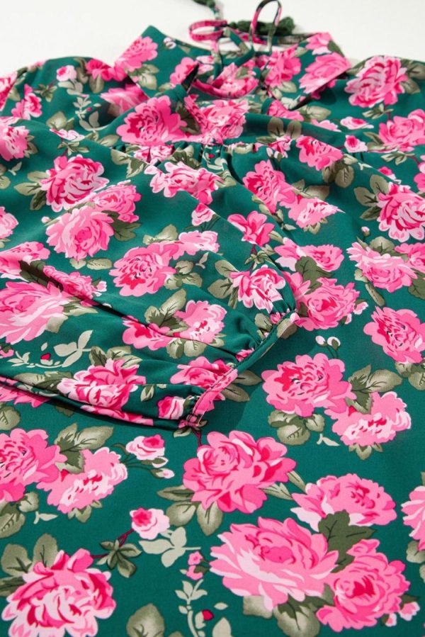 Blouses | Green Floral Print Collared Puff Sleeve Blouse - Women - Image 5