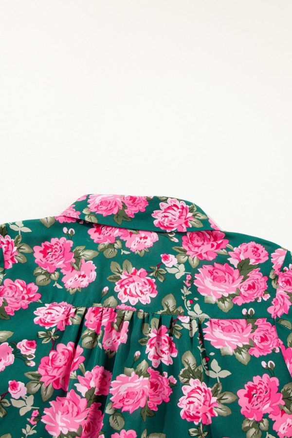 Blouses | Green Floral Print Collared Puff Sleeve Blouse - Women - Image 6