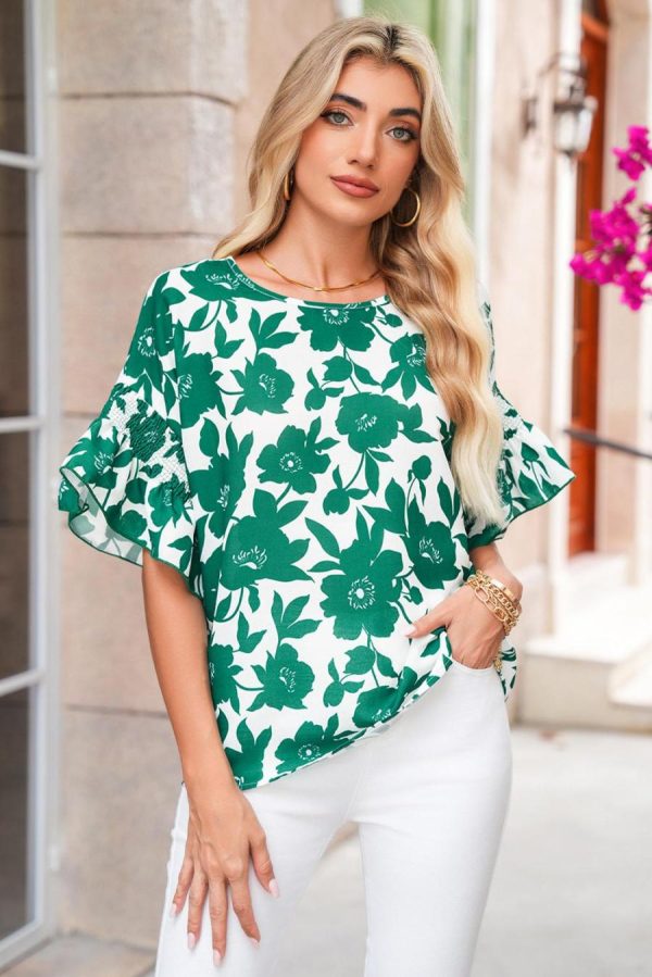 Blouses | Green Floral Print Ruffle Short Sleeve Loose Blouse - Women - Image 3