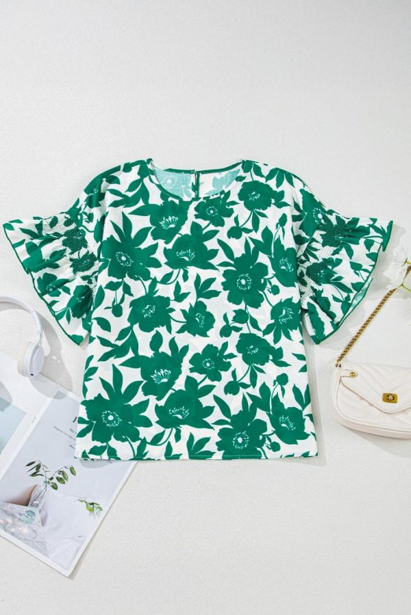 Blouses | Green Floral Print Ruffle Short Sleeve Loose Blouse - Women - Image 5
