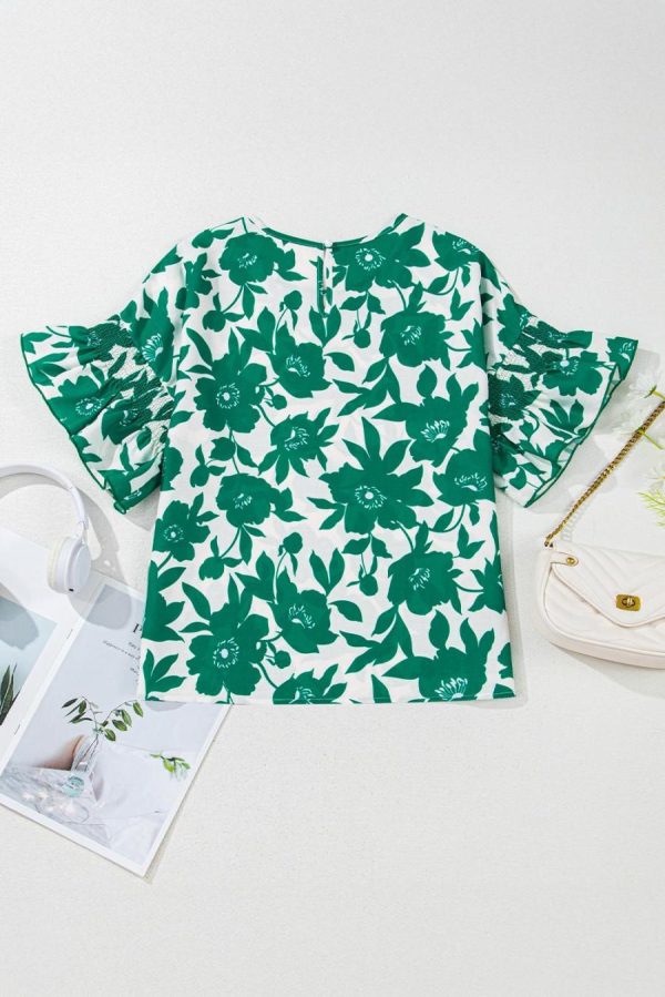 Blouses | Green Floral Print Ruffle Short Sleeve Loose Blouse - Women - Image 6