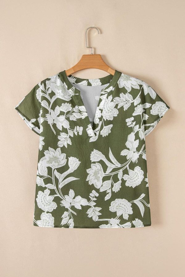 Blouses | Green Floral Print Split Neck Short Sleeve Blouse - Women - Image 3