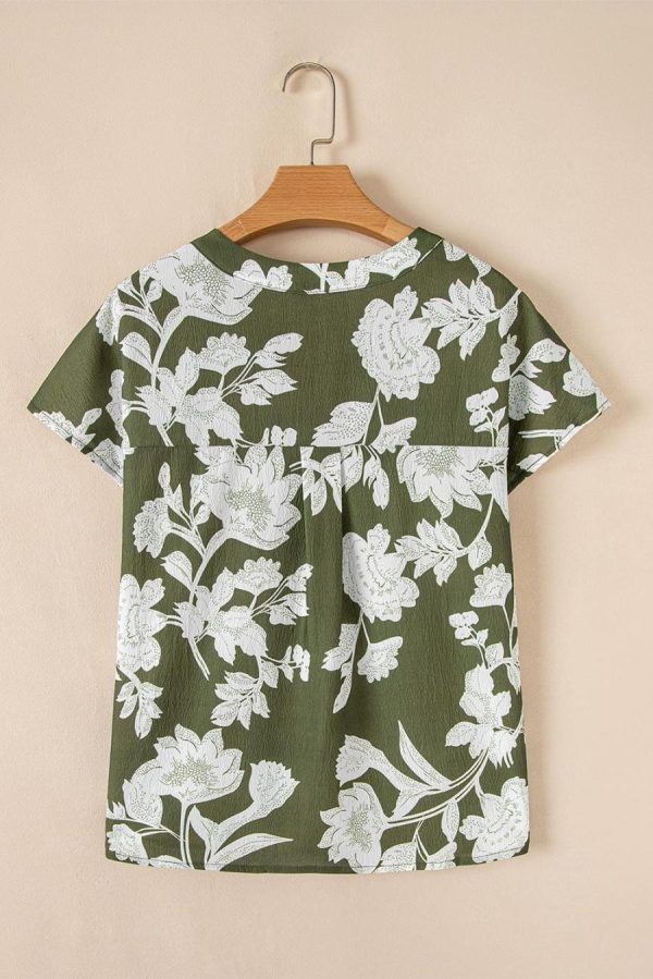 Blouses | Green Floral Print Split Neck Short Sleeve Blouse - Women - Image 4