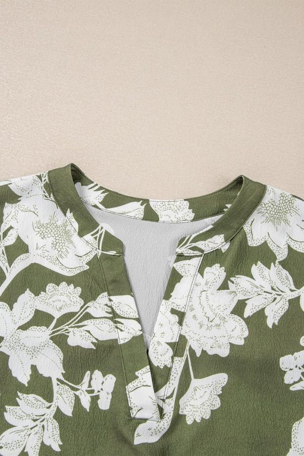 Blouses | Green Floral Print Split Neck Short Sleeve Blouse - Women - Image 5