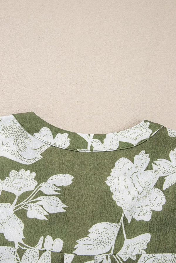 Blouses | Green Floral Print Split Neck Short Sleeve Blouse - Women - Image 6