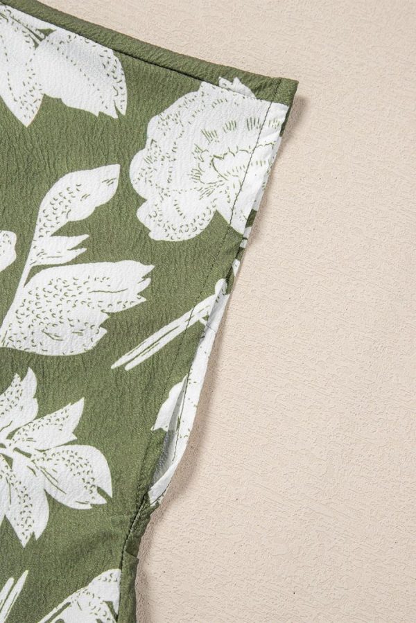 Blouses | Green Floral Print Split Neck Short Sleeve Blouse - Women - Image 7