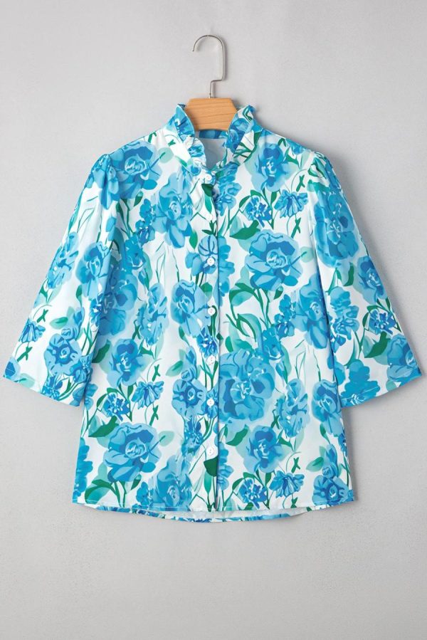 Blouses | Green Floral Print Stand Neck Puff Sleeve Shirt - Women - Image 5