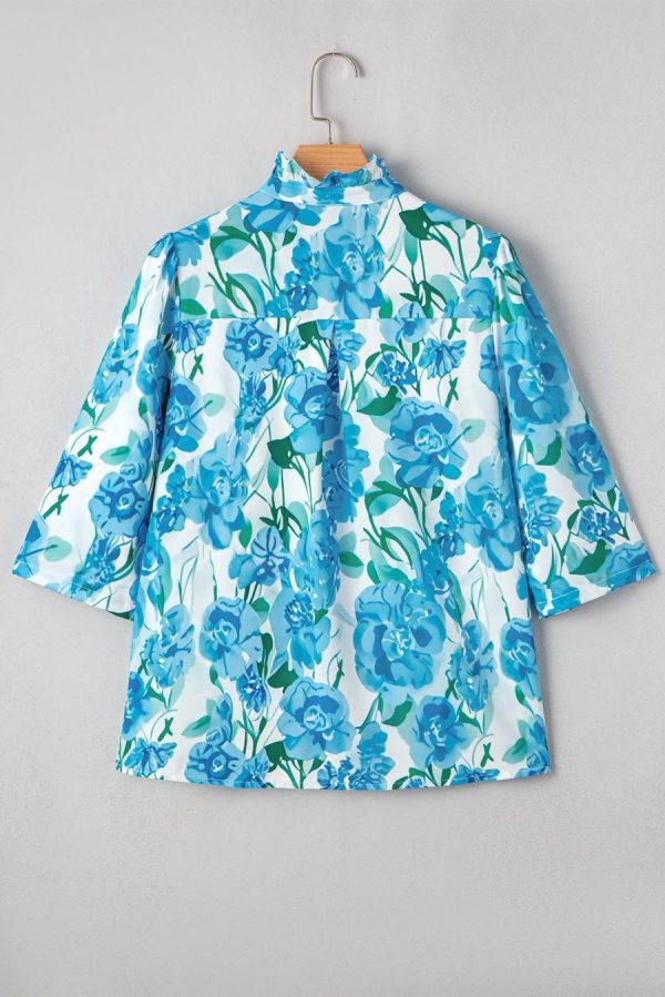 Blouses | Green Floral Print Stand Neck Puff Sleeve Shirt - Women - Image 6
