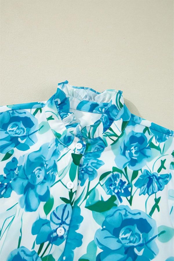 Blouses | Green Floral Print Stand Neck Puff Sleeve Shirt - Women - Image 7