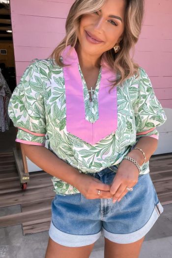 Blouses | Green Leaves Pattern Colorblock V Neck Puff Sleeve Blouse - Women