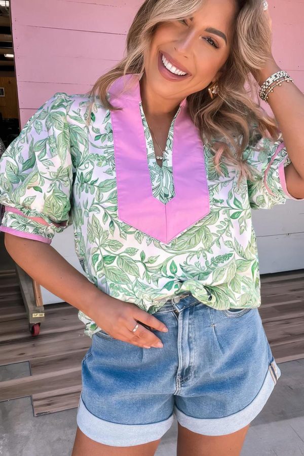 Blouses | Green Leaves Pattern Colorblock V Neck Puff Sleeve Blouse - Women - Image 2