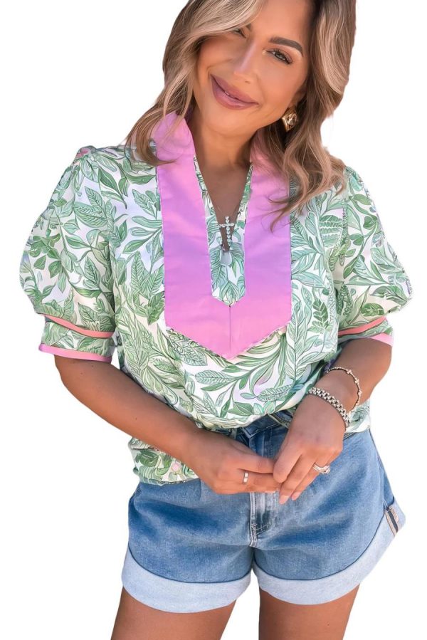 Blouses | Green Leaves Pattern Colorblock V Neck Puff Sleeve Blouse - Women - Image 3
