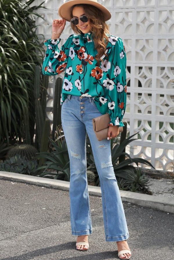 Blouses | Green Mock Neck Top Floral Print Long Sleeve Silk Blouse - Women