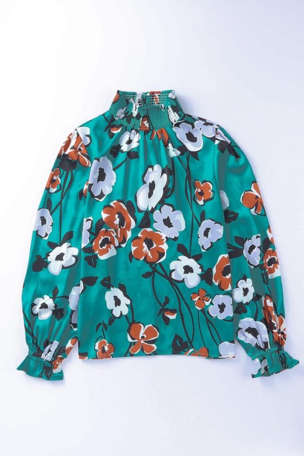 Blouses | Green Mock Neck Top Floral Print Long Sleeve Silk Blouse - Women - Image 2