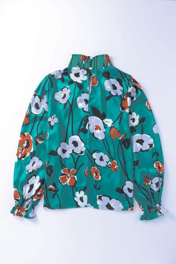 Blouses | Green Mock Neck Top Floral Print Long Sleeve Silk Blouse - Women - Image 3