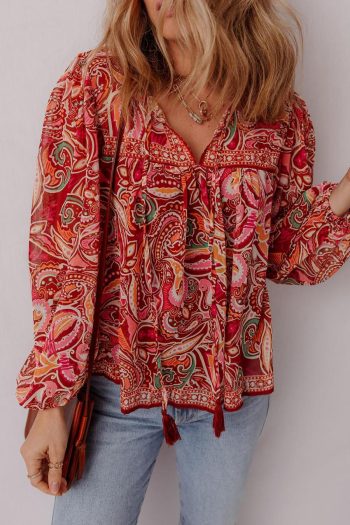 Blouses | Multicolour Ethnic Paisley Print Tassel Tie Puff Sleeve Boho Blouse - Women