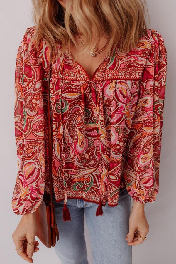 Blouses | Multicolour Ethnic Paisley Print Tassel Tie Puff Sleeve Boho Blouse - Women - Image 2