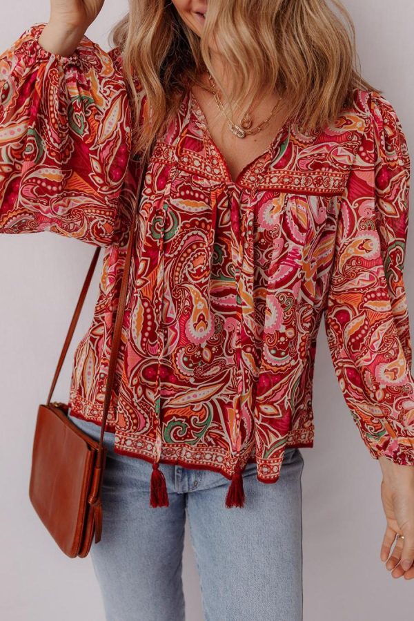 Blouses | Multicolour Ethnic Paisley Print Tassel Tie Puff Sleeve Boho Blouse - Women - Image 3