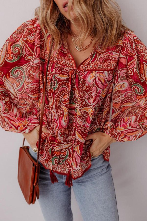 Blouses | Multicolour Ethnic Paisley Print Tassel Tie Puff Sleeve Boho Blouse - Women - Image 4