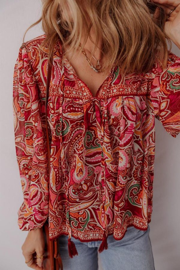 Blouses | Multicolour Ethnic Paisley Print Tassel Tie Puff Sleeve Boho Blouse - Women - Image 5