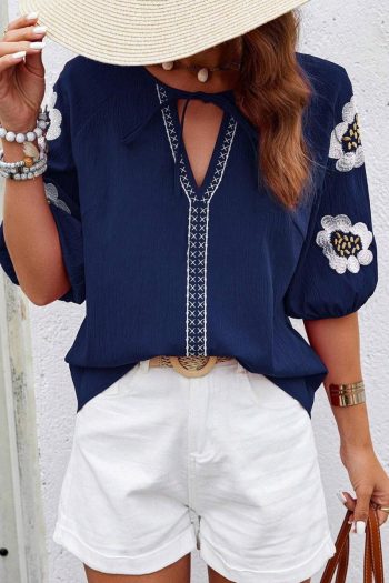 Blouses | Navy Blue Embroidered Flower V Neck Elegant Half Sleeve Blouse - Women