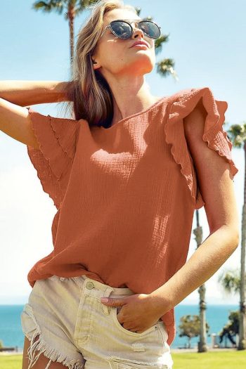 Blouses | Orange Crinkled Ruffle Sleeve Blouse - Women