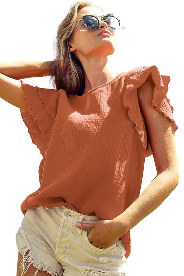 Blouses | Orange Crinkled Ruffle Sleeve Blouse - Women - Image 2