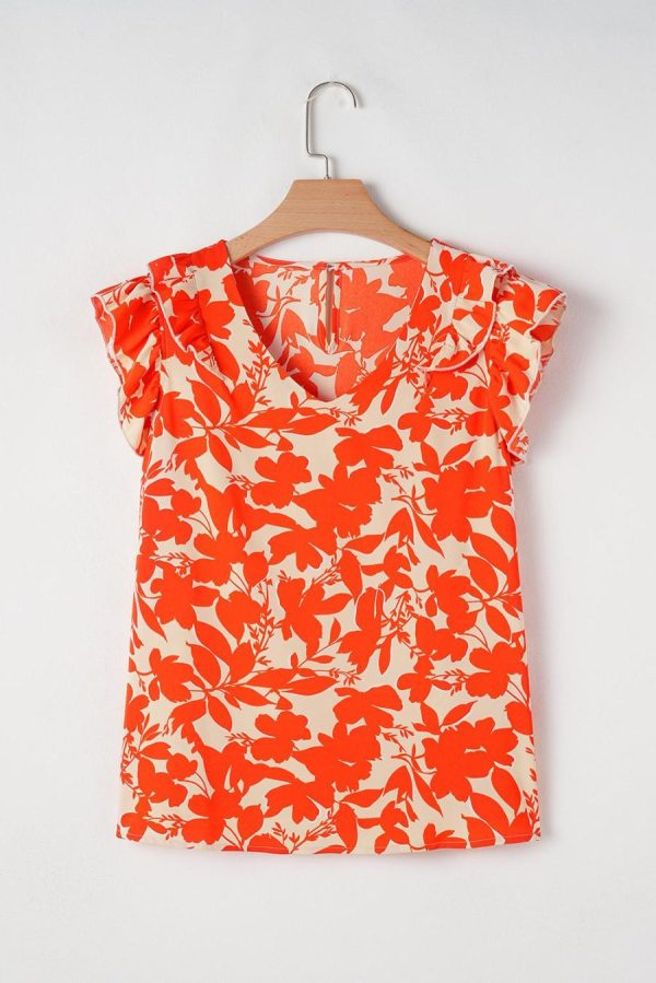 Blouses | Orange Floral Print Ruffle Sleeve V Neck Top - Women - Image 3