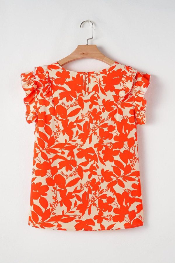 Blouses | Orange Floral Print Ruffle Sleeve V Neck Top - Women - Image 4