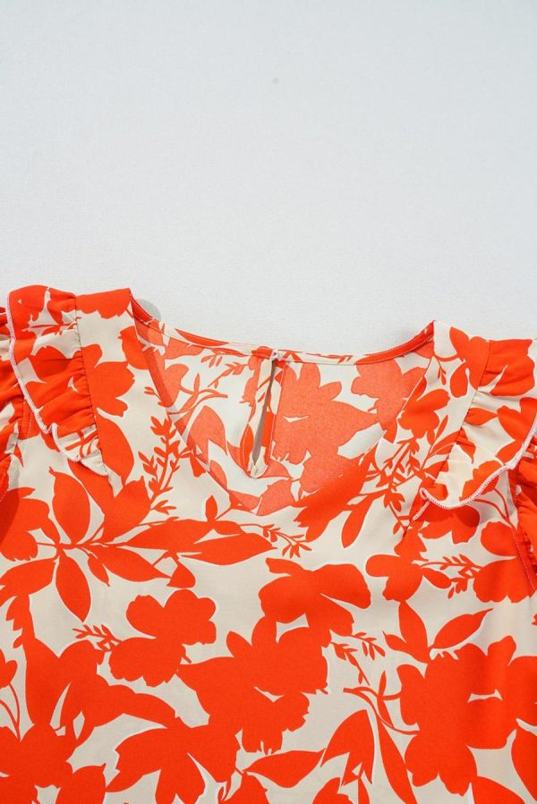 Blouses | Orange Floral Print Ruffle Sleeve V Neck Top - Women - Image 5