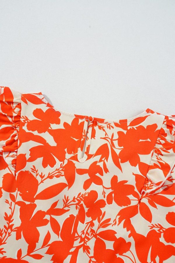 Blouses | Orange Floral Print Ruffle Sleeve V Neck Top - Women - Image 6