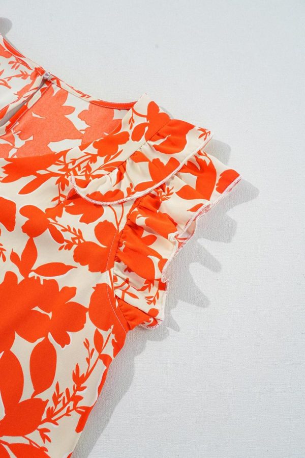 Blouses | Orange Floral Print Ruffle Sleeve V Neck Top - Women - Image 7
