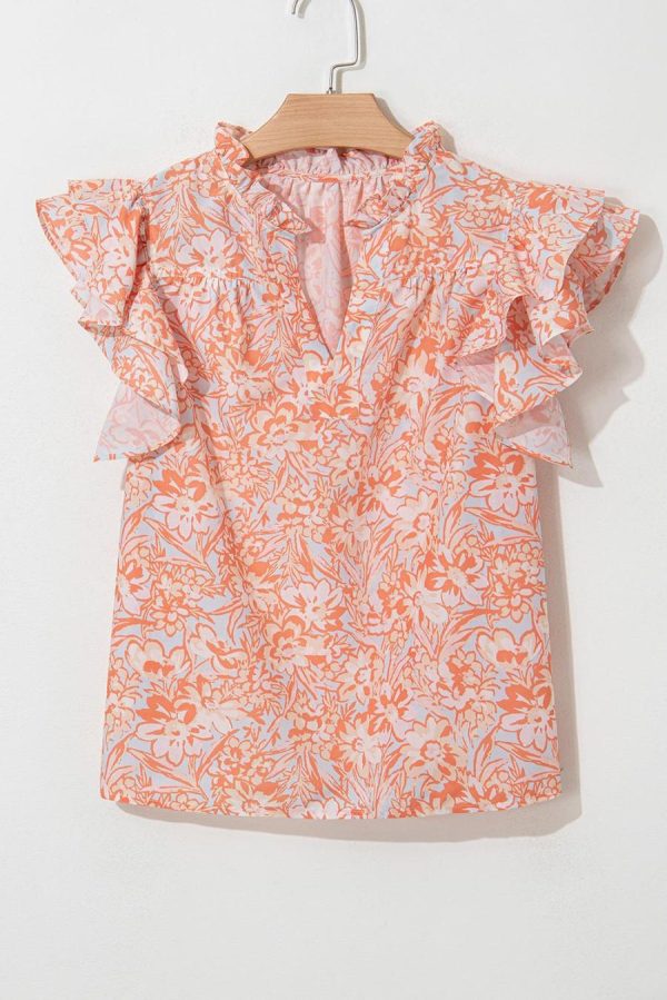Blouses | Orange Floral Ruffle Sleeve Split Neck Blouse - Women - Image 2