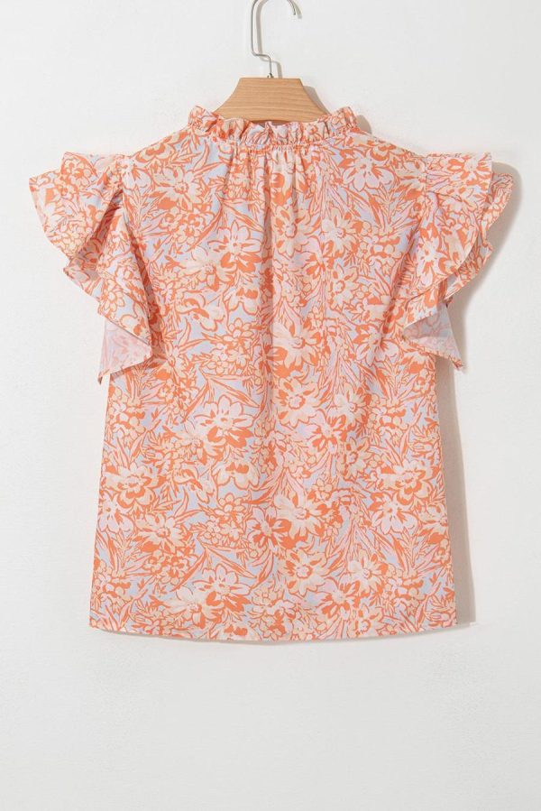Blouses | Orange Floral Ruffle Sleeve Split Neck Blouse - Women - Image 3