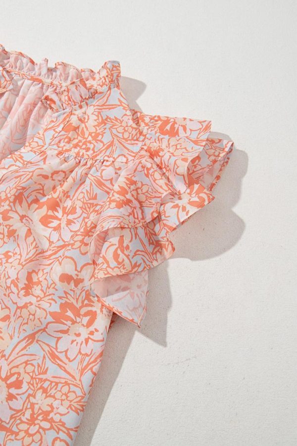 Blouses | Orange Floral Ruffle Sleeve Split Neck Blouse - Women - Image 4