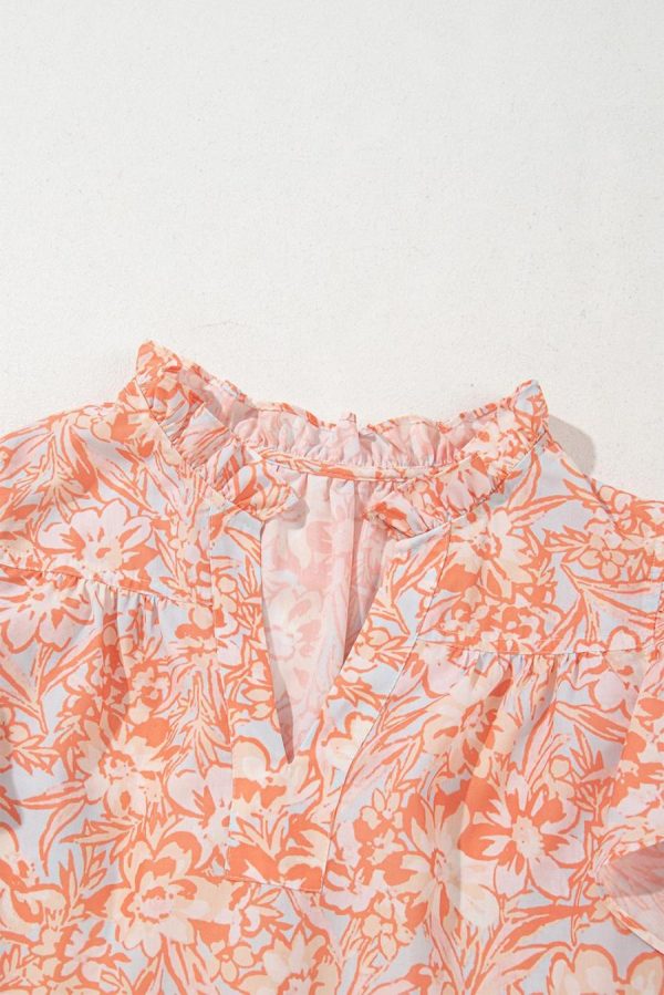 Blouses | Orange Floral Ruffle Sleeve Split Neck Blouse - Women - Image 5