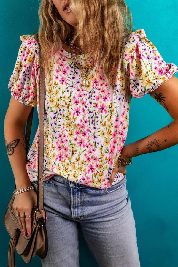 Blouses | Pink Floral Puff Short Sleeve Crewneck Blouse - Women