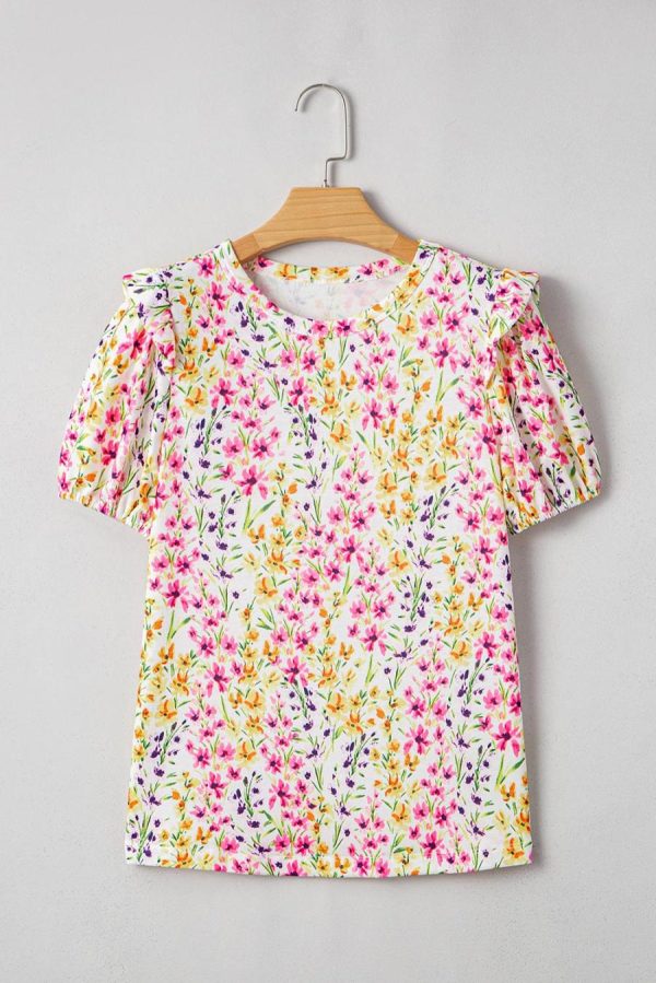 Blouses | Pink Floral Puff Short Sleeve Crewneck Blouse - Women - Image 2