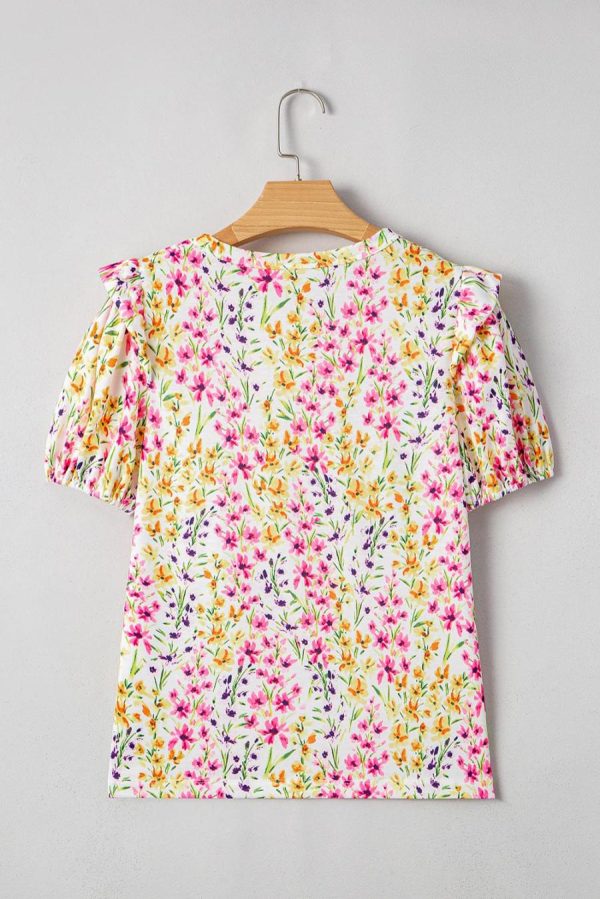 Blouses | Pink Floral Puff Short Sleeve Crewneck Blouse - Women - Image 3