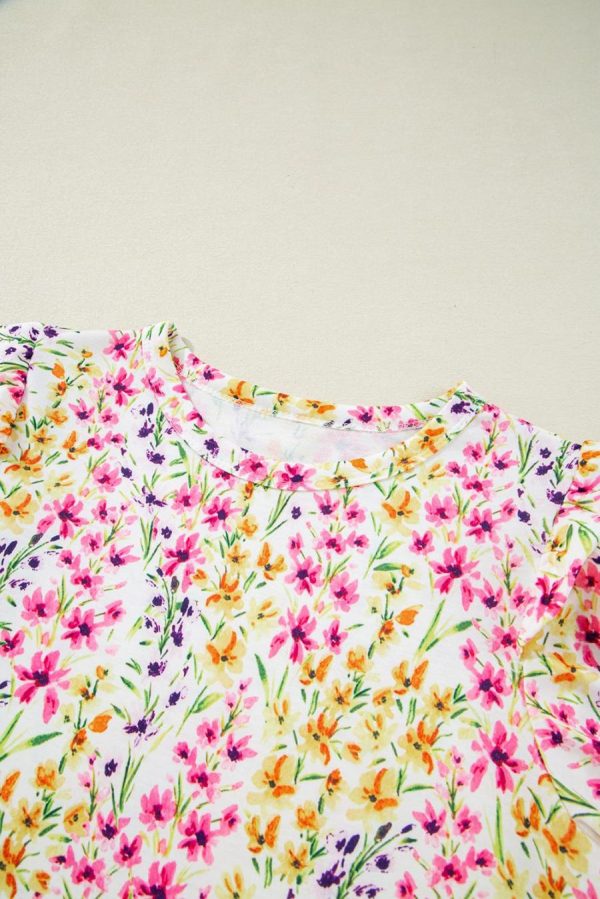 Blouses | Pink Floral Puff Short Sleeve Crewneck Blouse - Women - Image 4