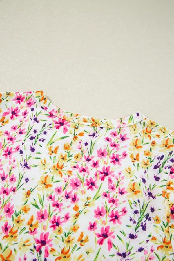 Blouses | Pink Floral Puff Short Sleeve Crewneck Blouse - Women - Image 5