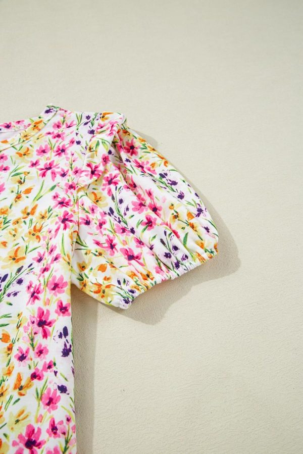 Blouses | Pink Floral Puff Short Sleeve Crewneck Blouse - Women - Image 7