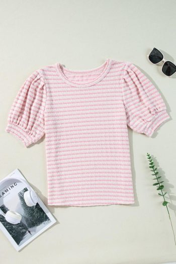 Blouses | Pink Stripe Textured Puff Sleeve Crewneck Top - Women