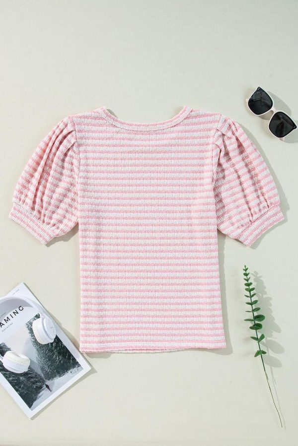 Blouses | Pink Stripe Textured Puff Sleeve Crewneck Top - Women - Image 2