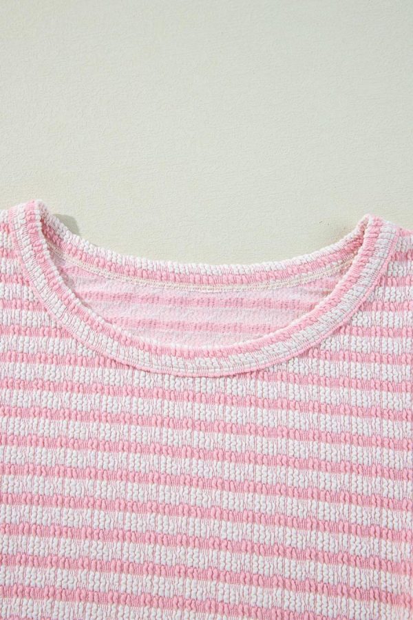 Blouses | Pink Stripe Textured Puff Sleeve Crewneck Top - Women - Image 3