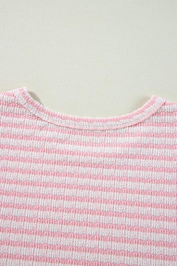 Blouses | Pink Stripe Textured Puff Sleeve Crewneck Top - Women - Image 4