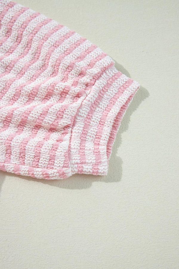 Blouses | Pink Stripe Textured Puff Sleeve Crewneck Top - Women - Image 5